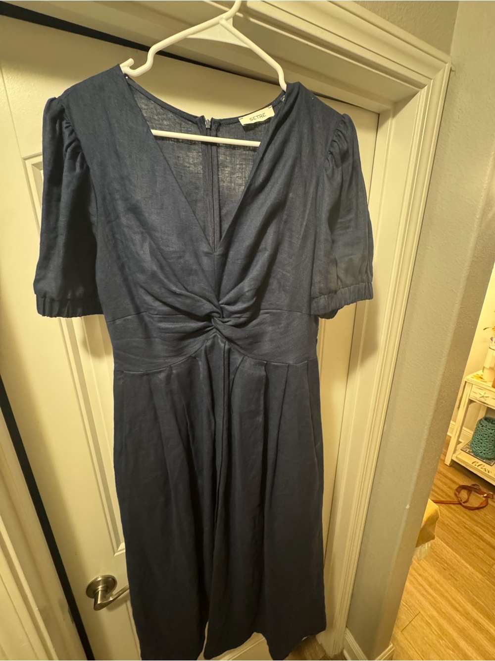Navy Puff-Sleeve Midi Dress with Cinched Waist - Women